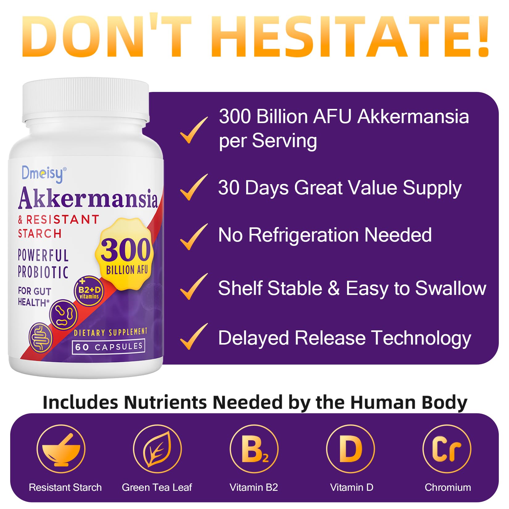 Dmeisy Akkermansia information card highlights potency and usage details