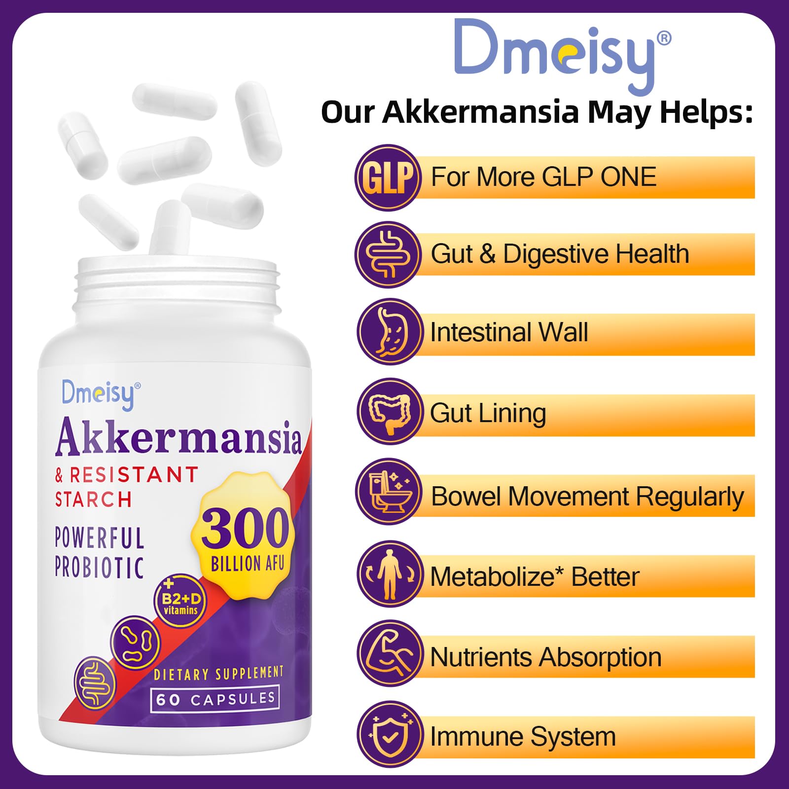 Dmeisy Akkermansia label detail showing 300B AFU potency.