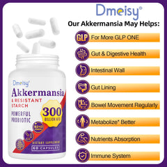 Dmeisy Akkermansia label detail showing 300B AFU potency.