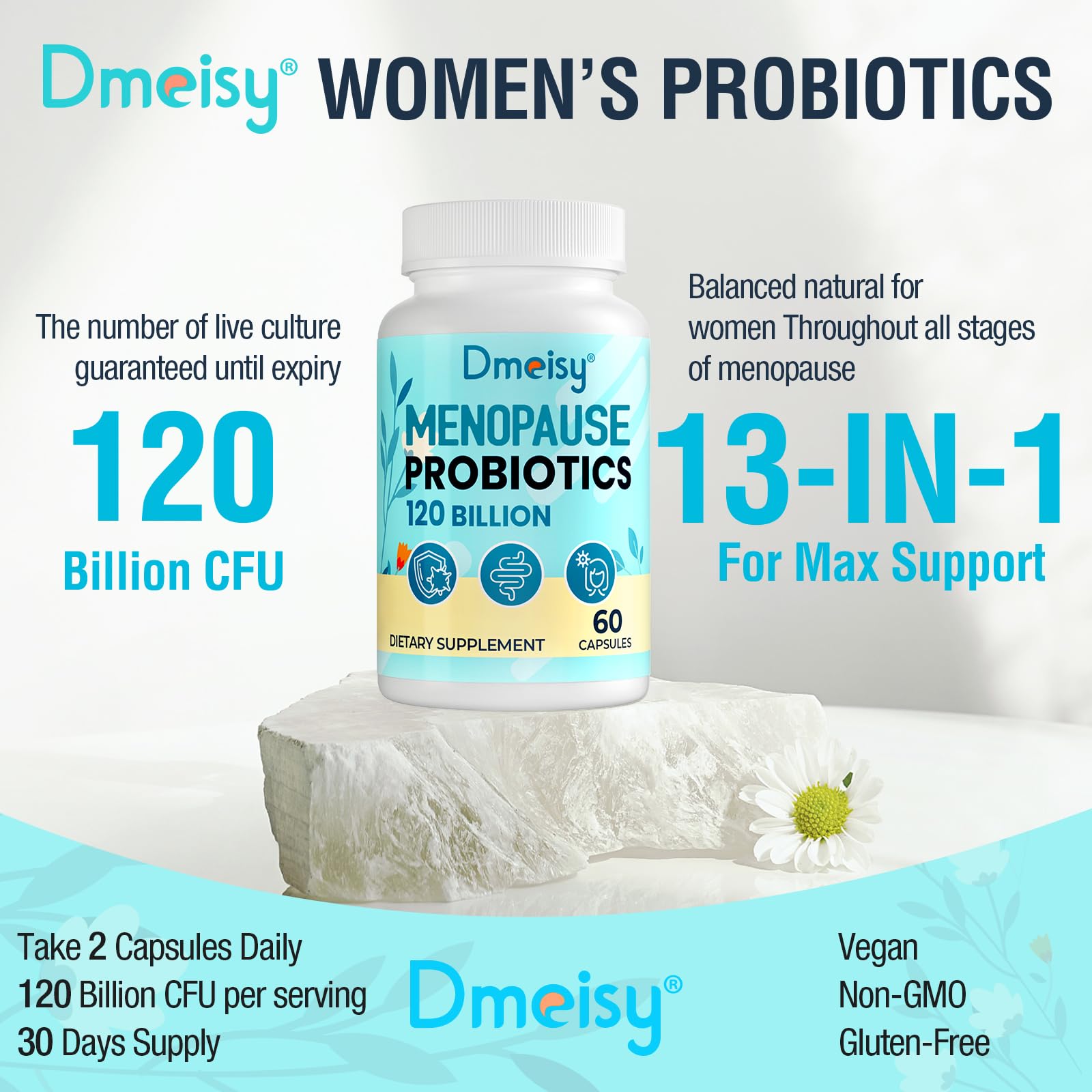 Dmeisy botanicals backdrop with black cohosh and ashwagandha for menopause support.