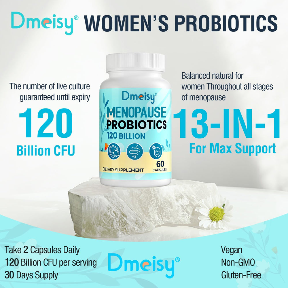 Dmeisy botanicals backdrop with black cohosh and ashwagandha for menopause support.