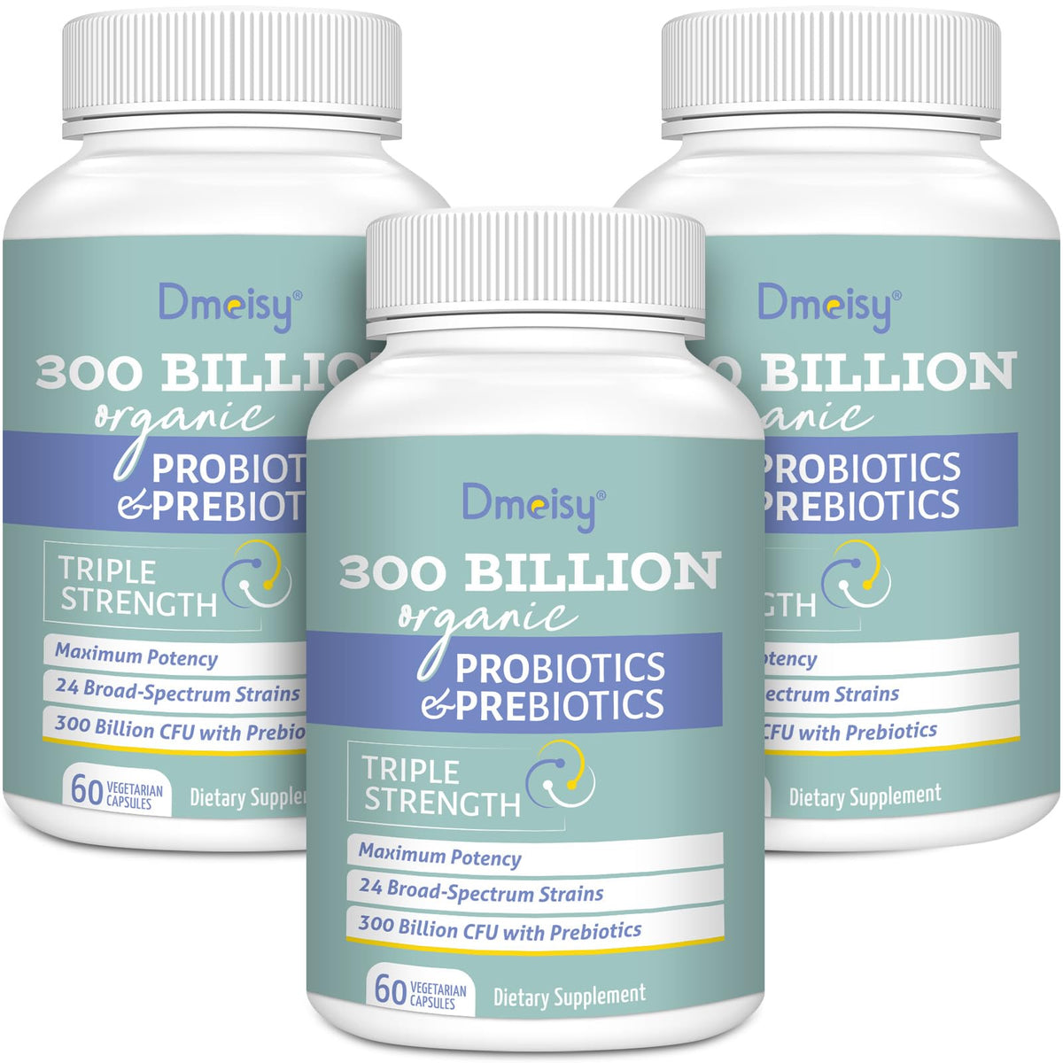Dmeisy Probiotics bottle front showing 300 Billion CFU for gut support.