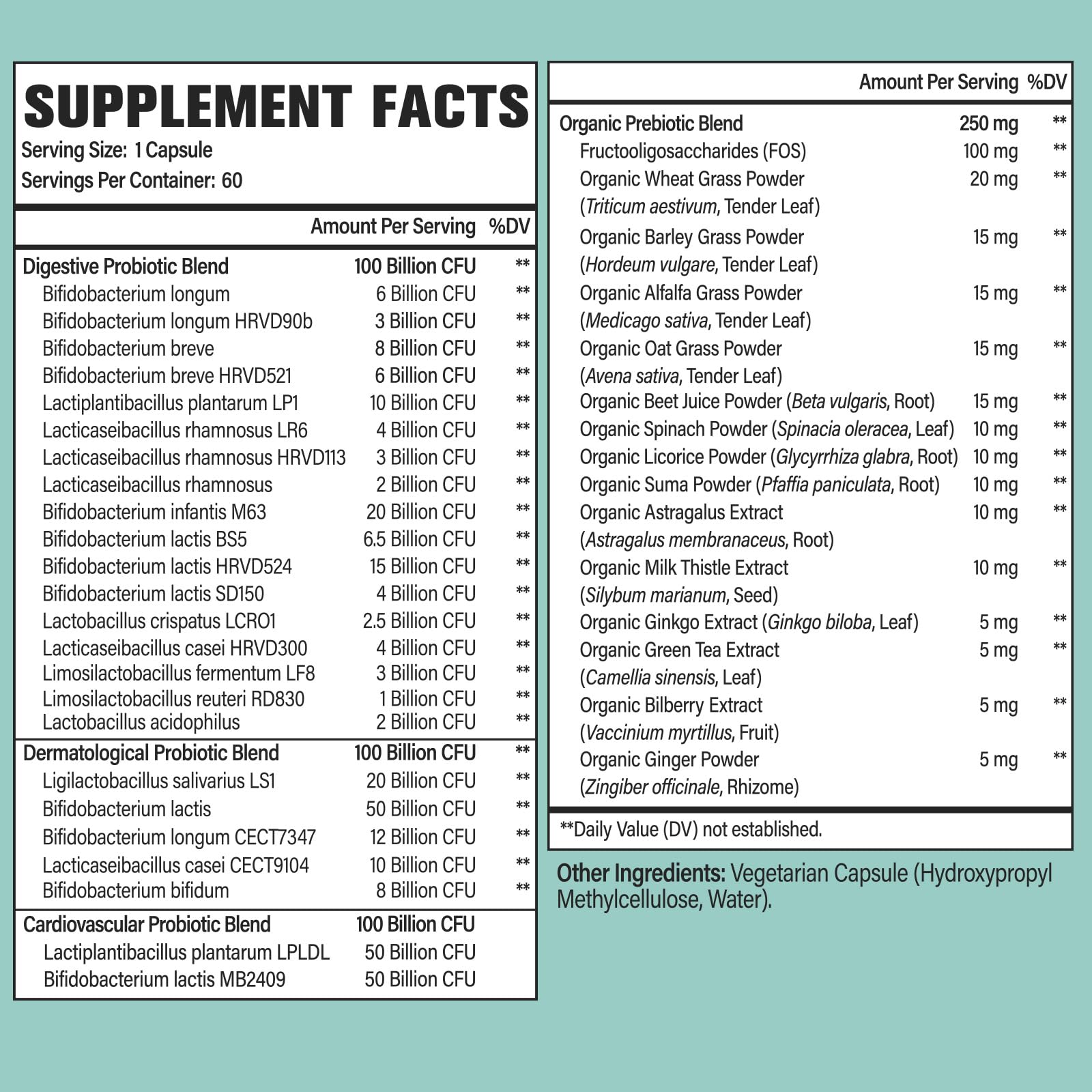 Dmeisy Probiotics ingredients label highlights 24 strains and organic prebiotics.