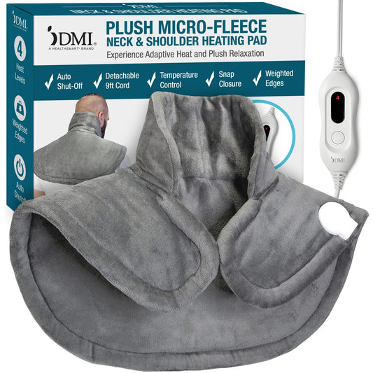 DMI plush micro-fleece weighted heating pad on neck and shoulders with soothing warmth.