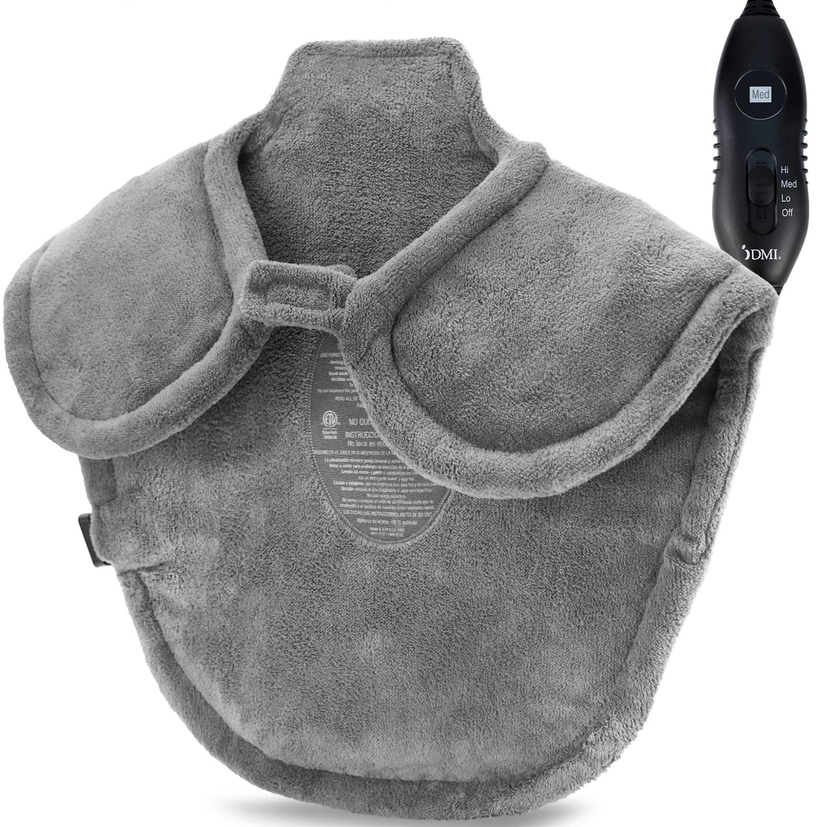 DMI XL Plush neck and shoulder heating pad shows full-length wrap for deep warmth.