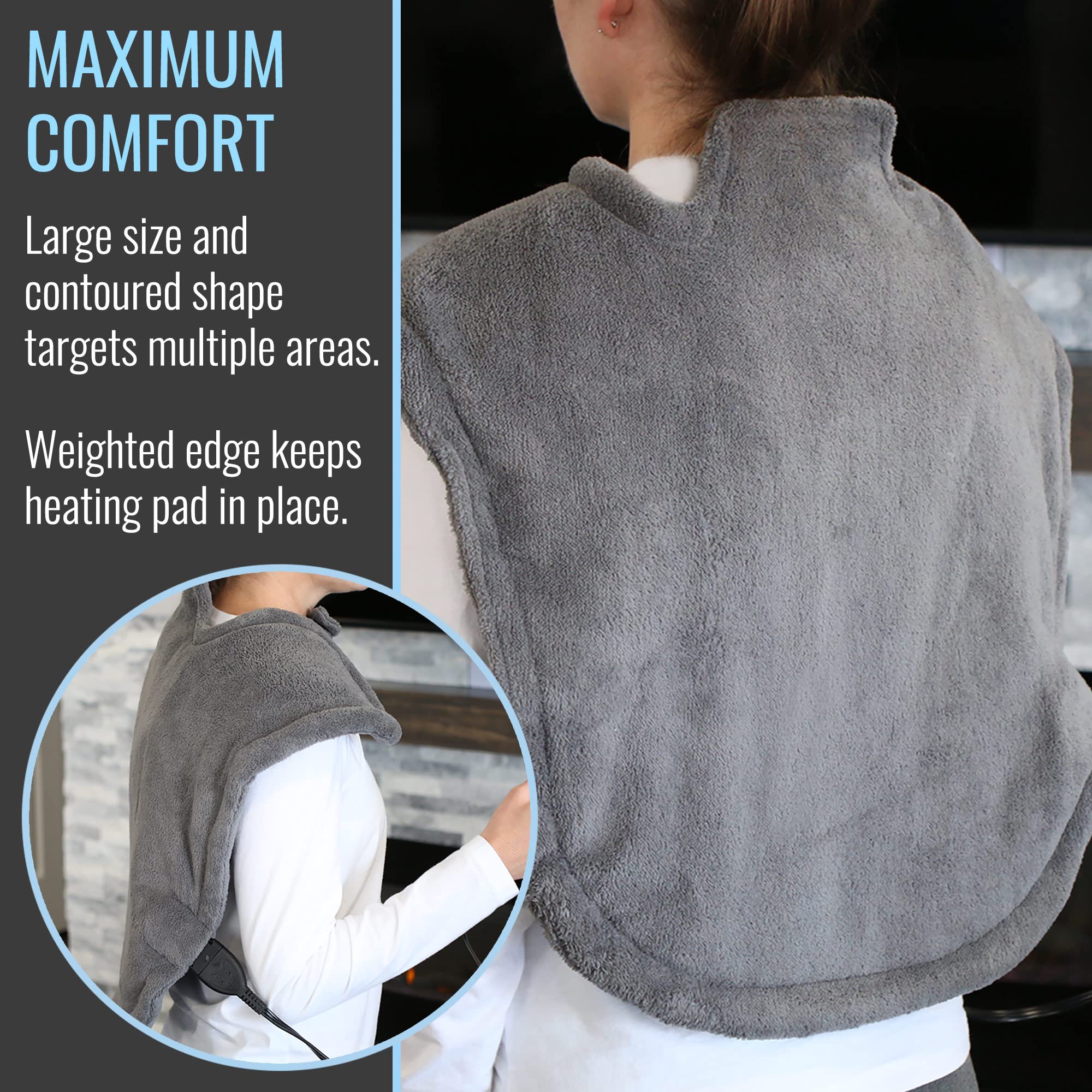 DMI pad with weighted edges provides secure fit and steady heat over the upper back.