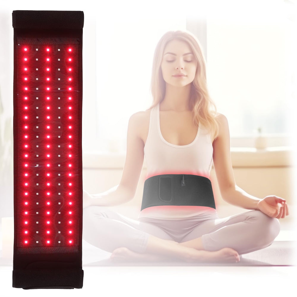 DMMBMFC red light therapy belt wrapped around the waist for targeted warmth.