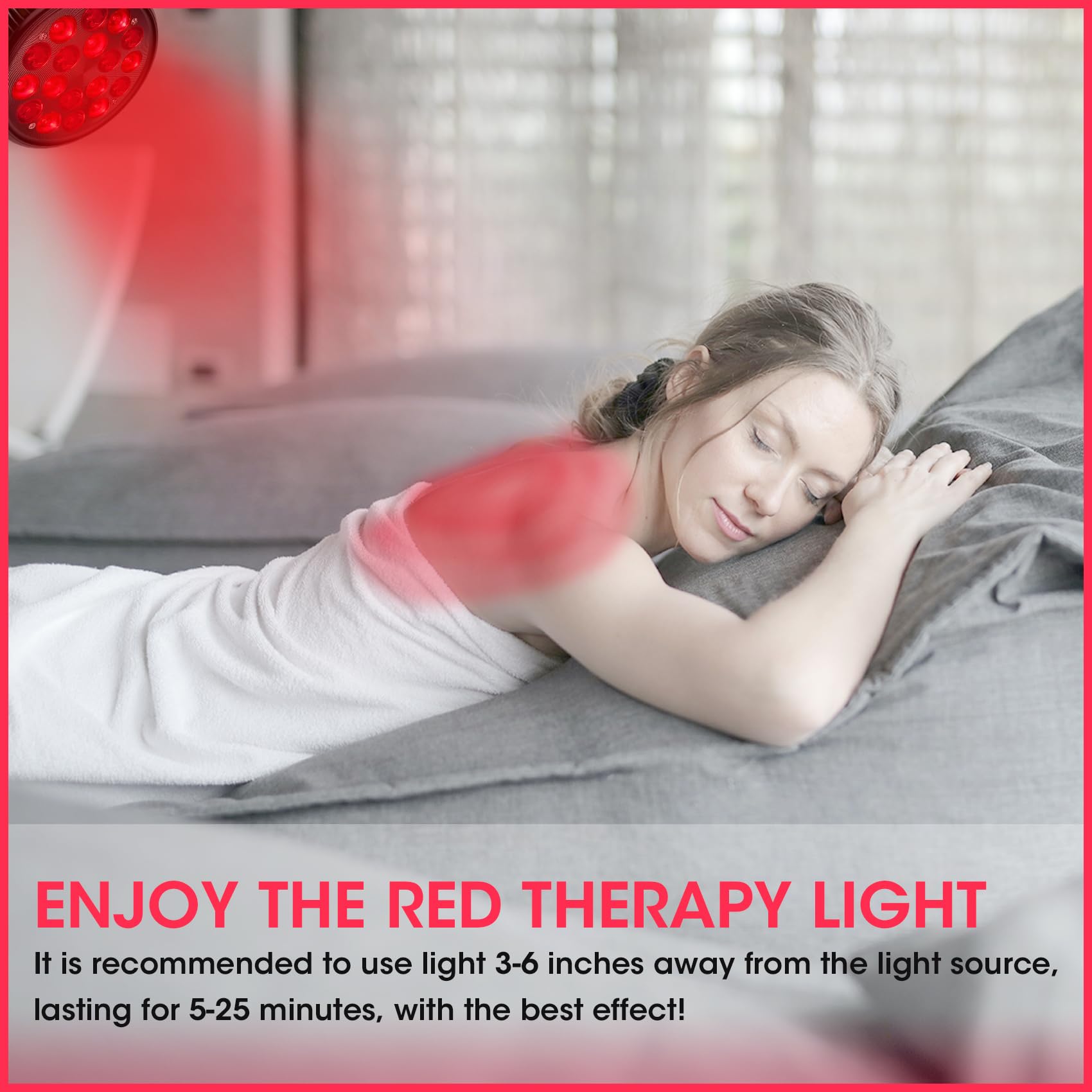 DMMBMFC Red Light Therapy Lamp home-use setup for facial and body sessions.