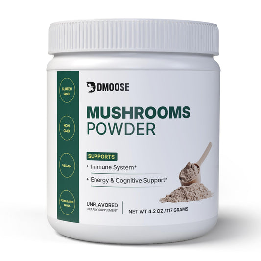 DMoose Fitness Lions Mane Complex bottle shown for convenient daily brain and immune support.