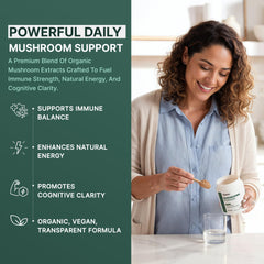 DMoose Fitness mushroom blend ingredients image highlights five adaptogens for balance.
