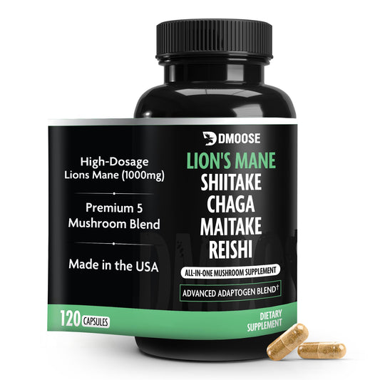 DMoose Fitness Lions Mane Mushroom Complex bottle shows 5-in-1 brain and immune support