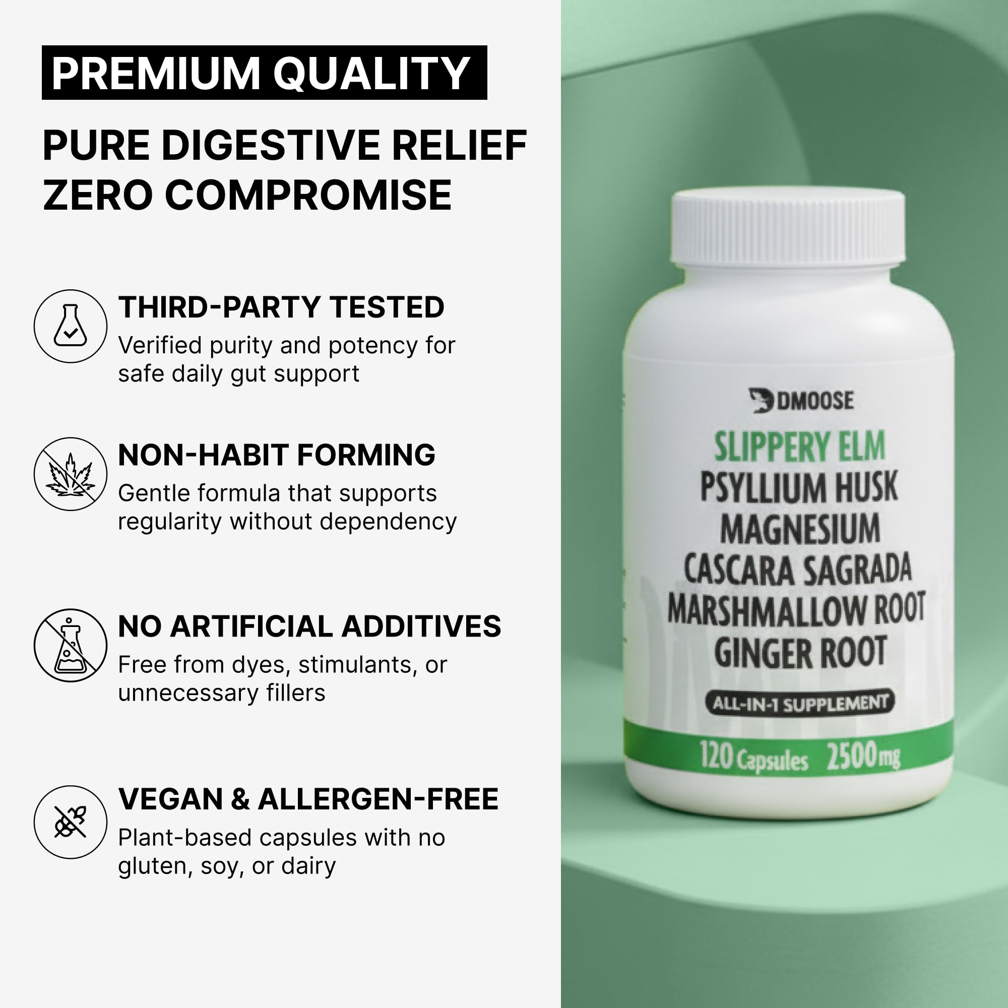 DMoose Fitness Slippery Elm Bark capsules close-up emphasizing probiotic content