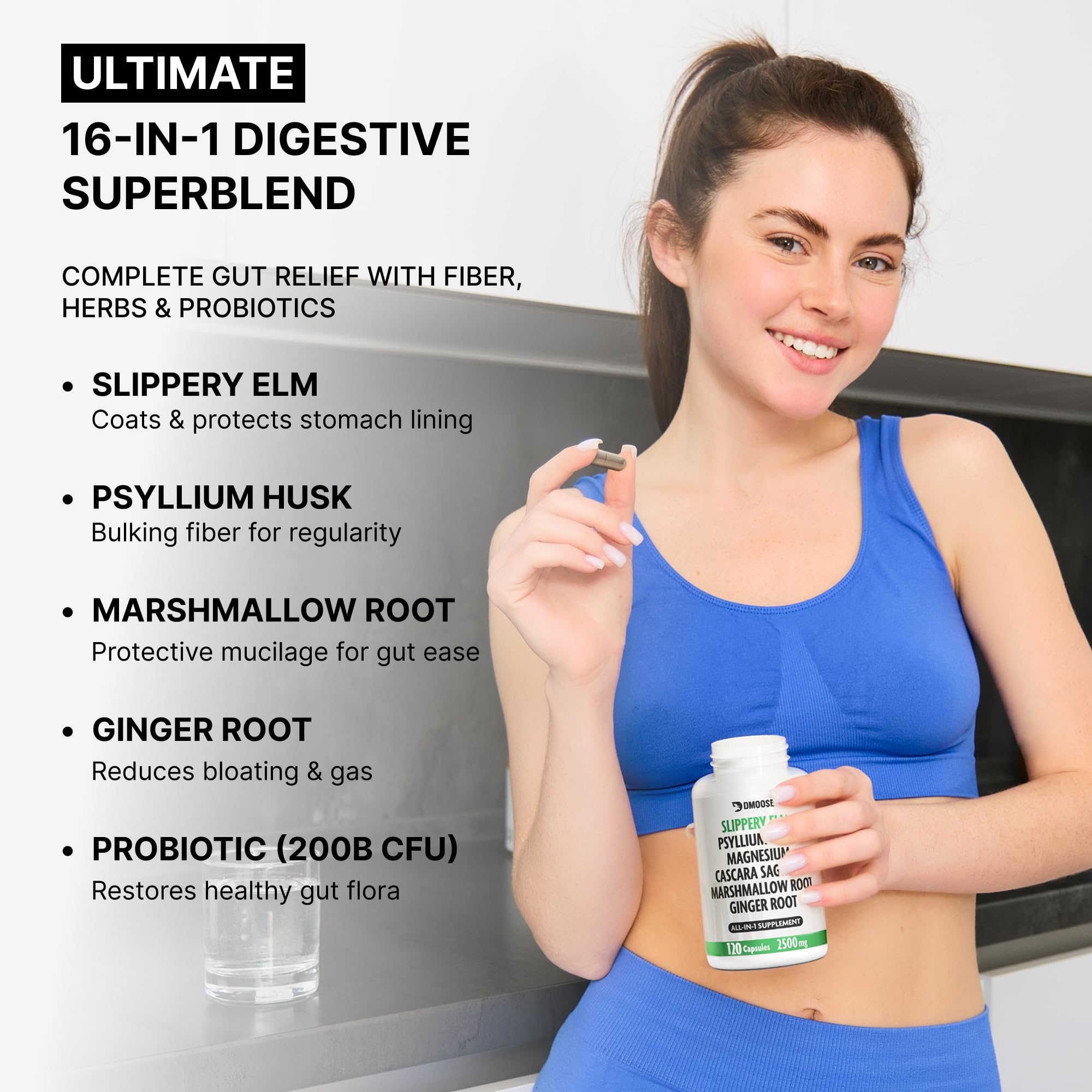 DMoose Fitness Slippery Elm Bark capsules macro shot highlights probiotic content