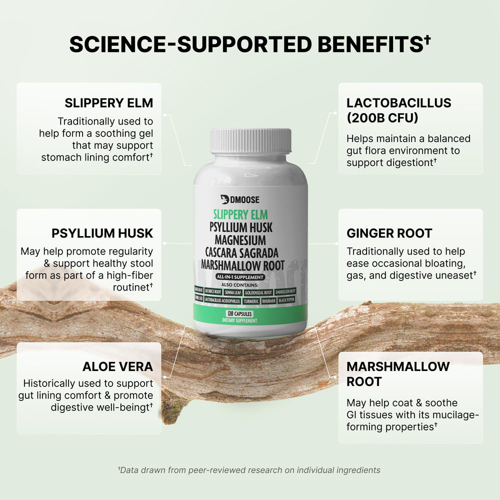 DMoose Fitness Slippery Elm Bark daily-use scene with glass of water
