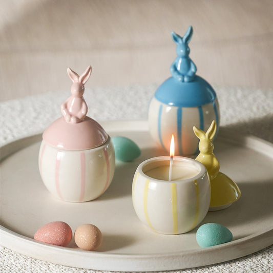 DN Deconation Easter Bunny pink ceramic jar candle adds spring ambiance.