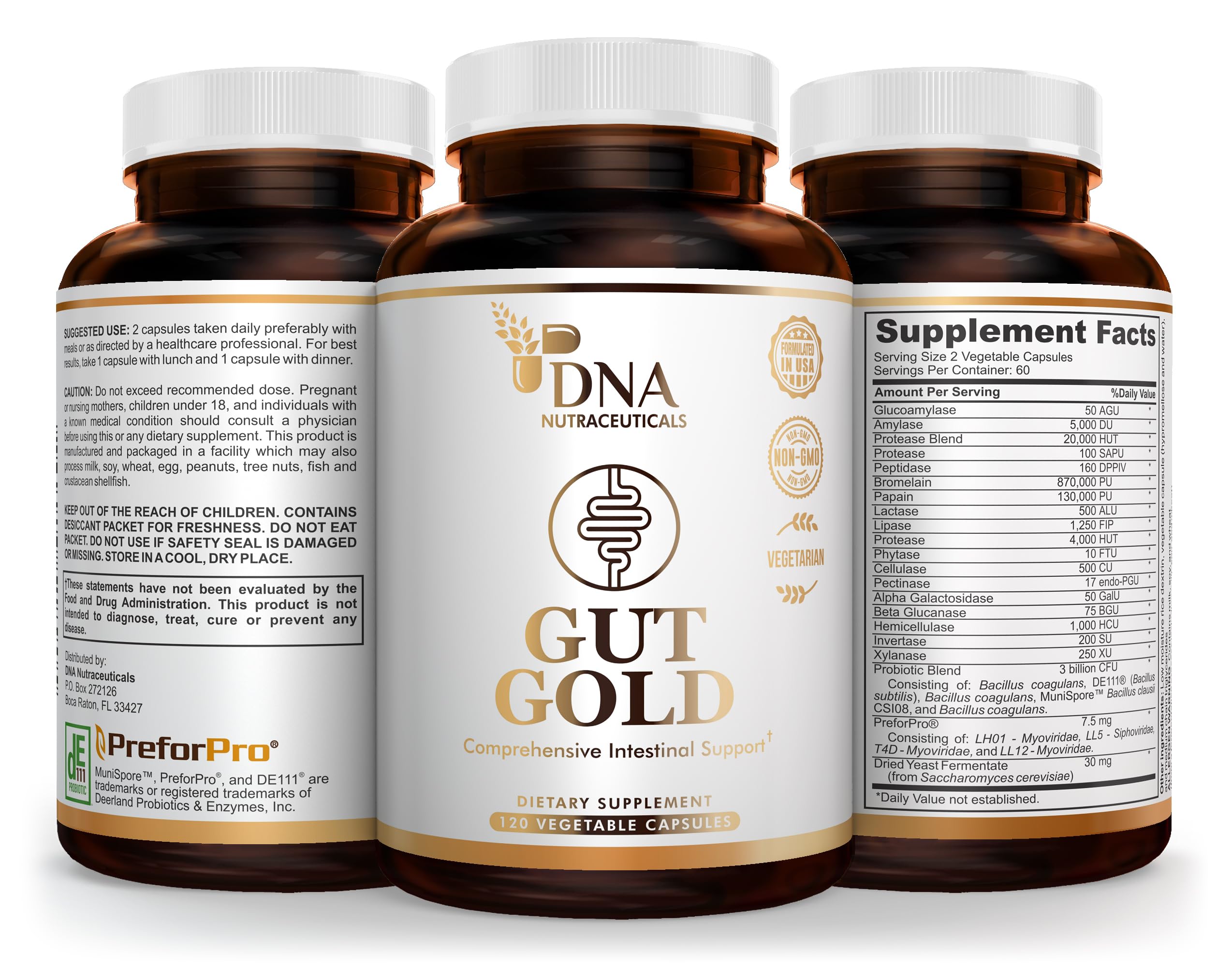 DNA Nutraceuticals Gut Gold digestive enzymes illustration suggests balanced nutrition.