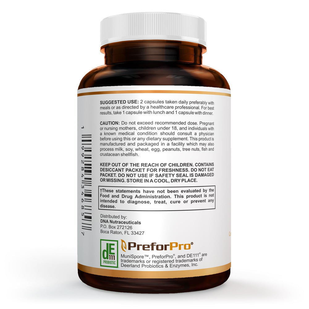 DNA Nutraceuticals Gut Gold label detail emphasizing 5-in-1 gut support.