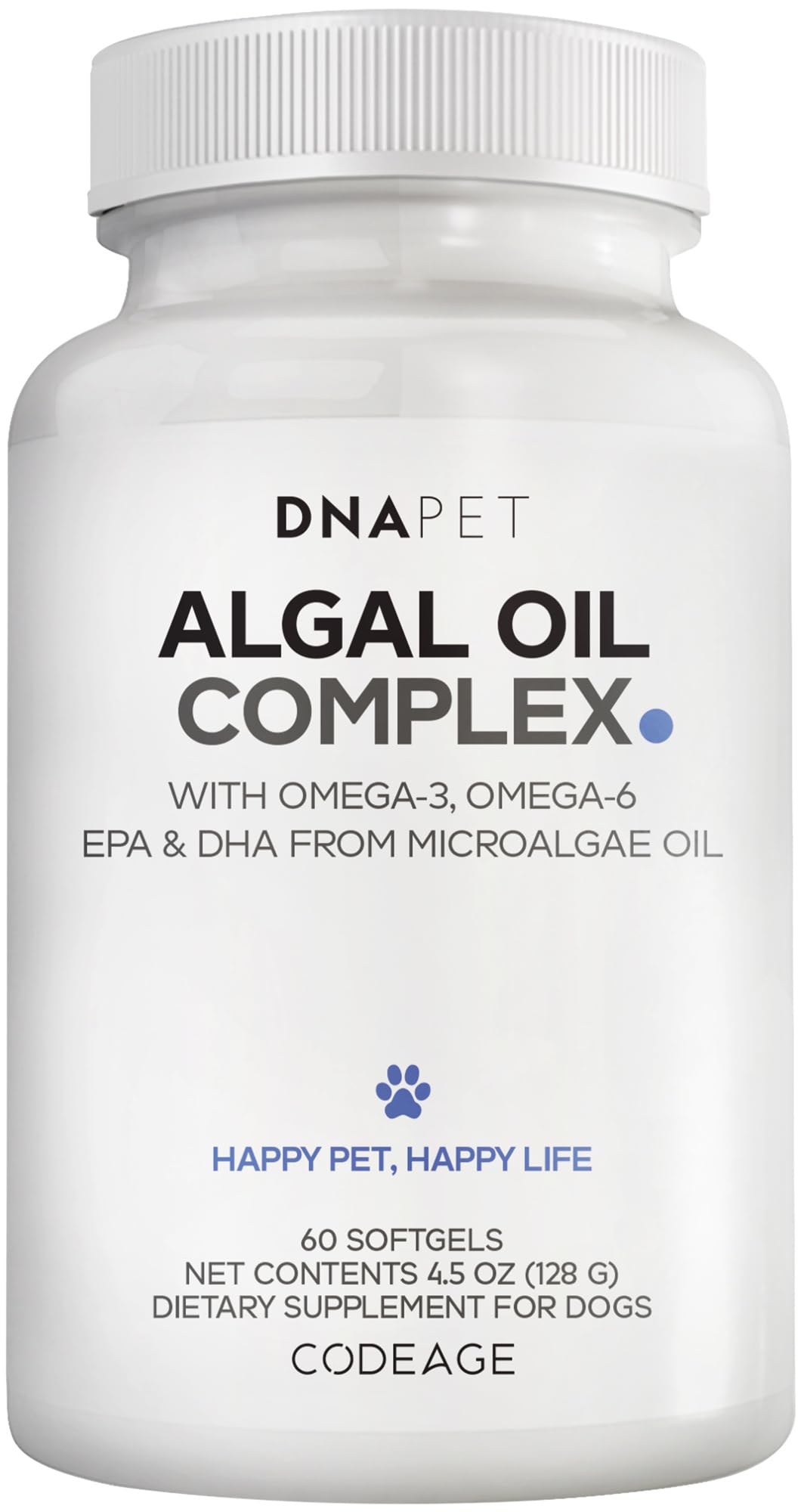 DNA PET Algal Oil Complex bottle front for dogs, fish-free omega-3/6 support.