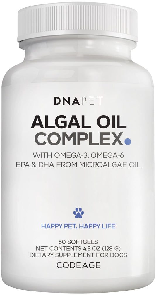 DNA PET Algal Oil Complex bottle front for dogs, fish-free omega-3/6 support.