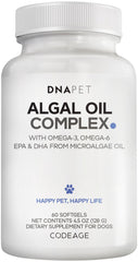 DNA PET Algal Oil Complex bottle front for dogs, fish-free omega-3/6 support.