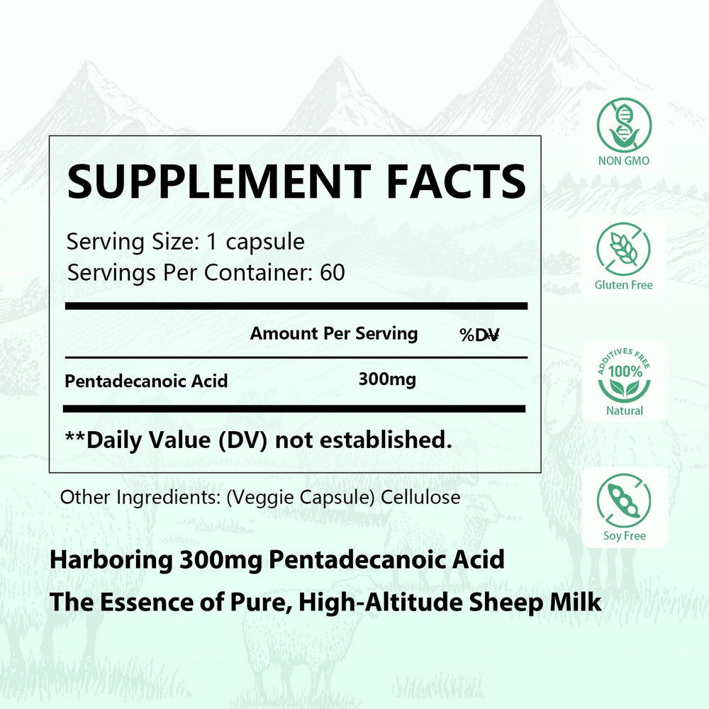 DNOUHN pentadecanoic acid capsules close-up emphasizing purity and bioavailability.