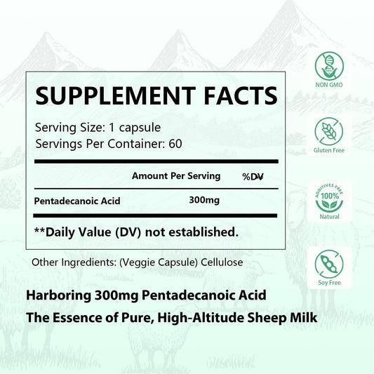 DNOUHN pentadecanoic acid capsules close-up emphasizing purity and bioavailability.