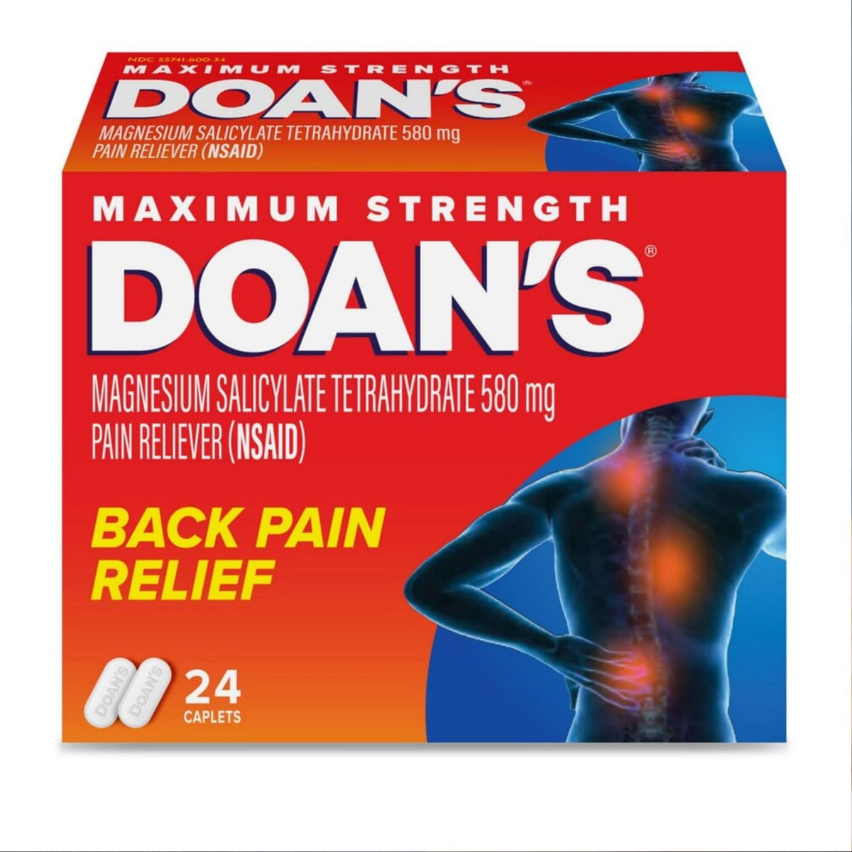 Doans extra-strength pain reliever bottle front, easy-to-use analgesic for temporary relief