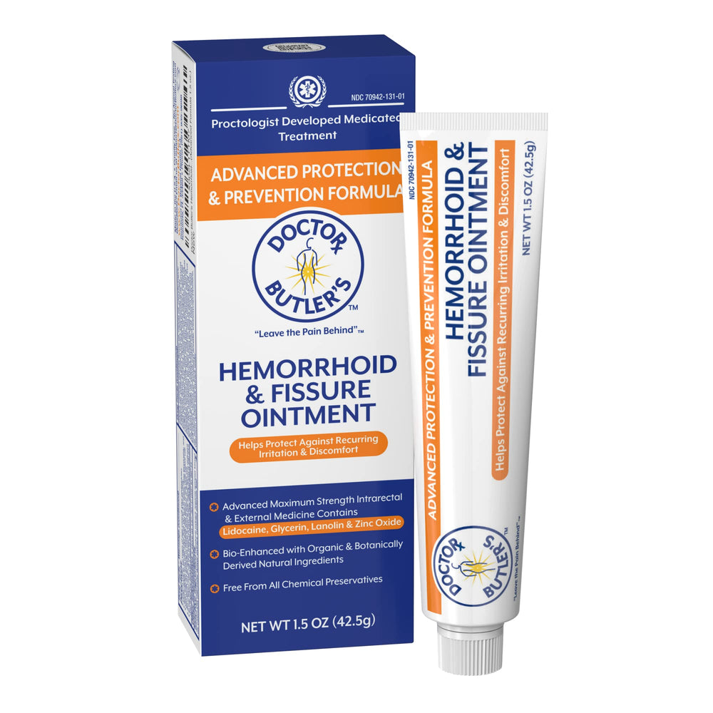 Doctor Butler's Advanced Hemorrhoid Ointment tube close-up for quick relief.