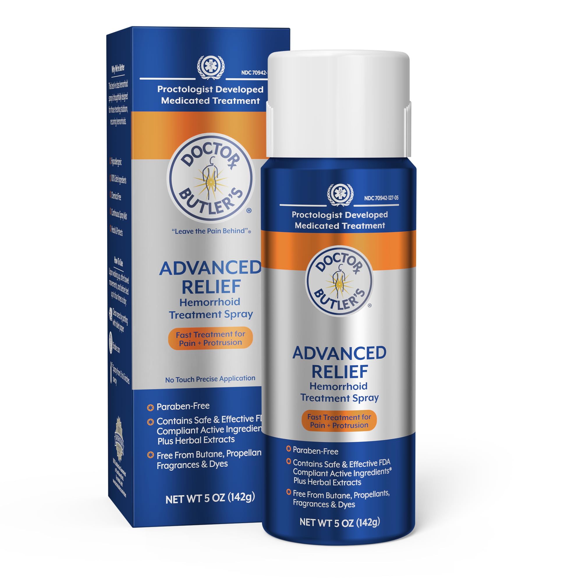 Doctor Butler's Advanced Relief Hemorrhoid Spray bottle showing compact, easy-to-hold design for targeted relief.