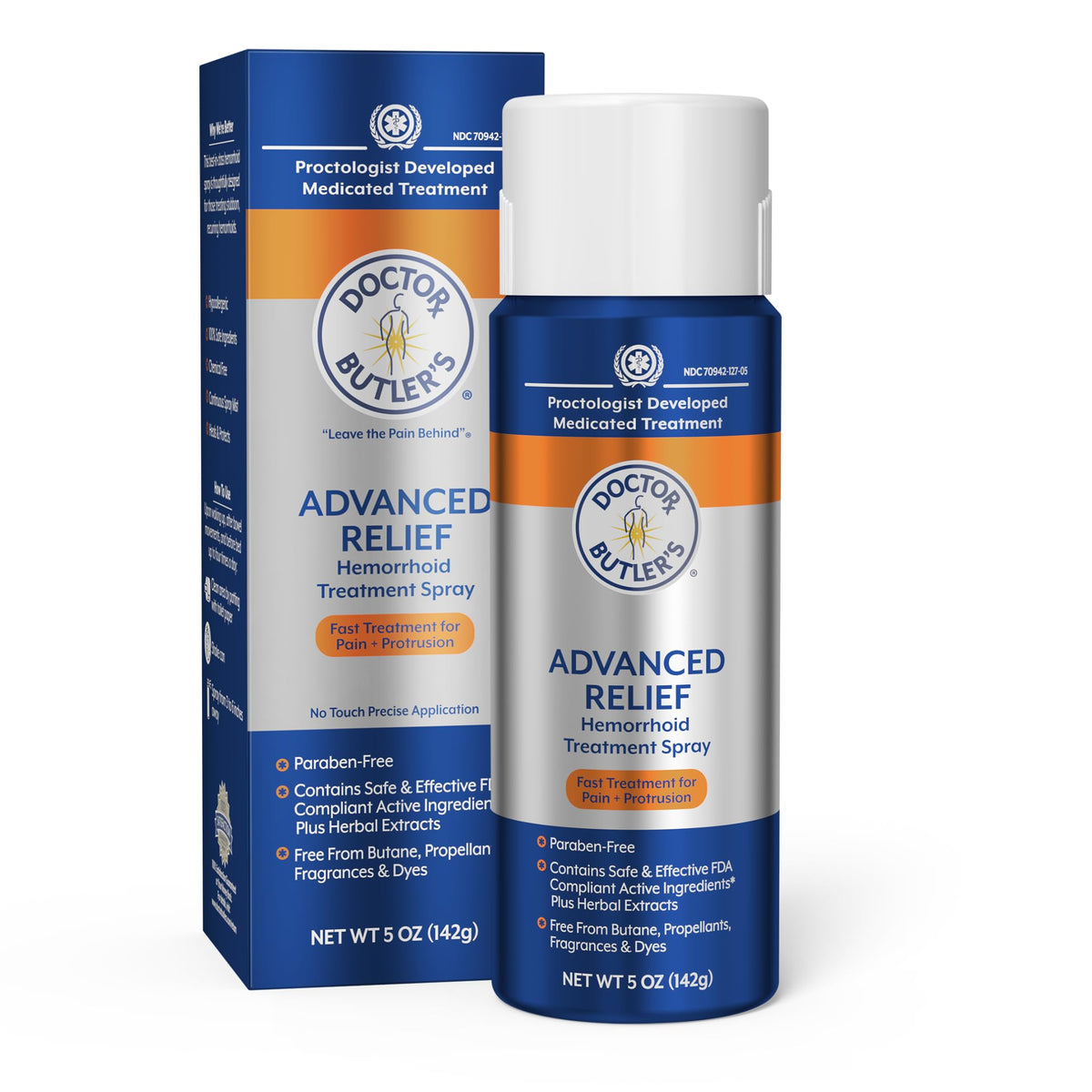 Doctor Butler's Advanced Relief Hemorrhoid Spray bottle showing compact, easy-to-hold design for targeted relief.