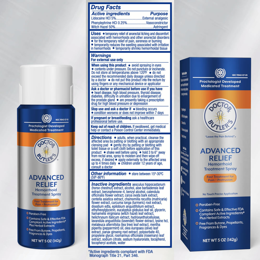 Doctor Butler's Advanced Relief spray with Made in USA labeling denotes quality production.