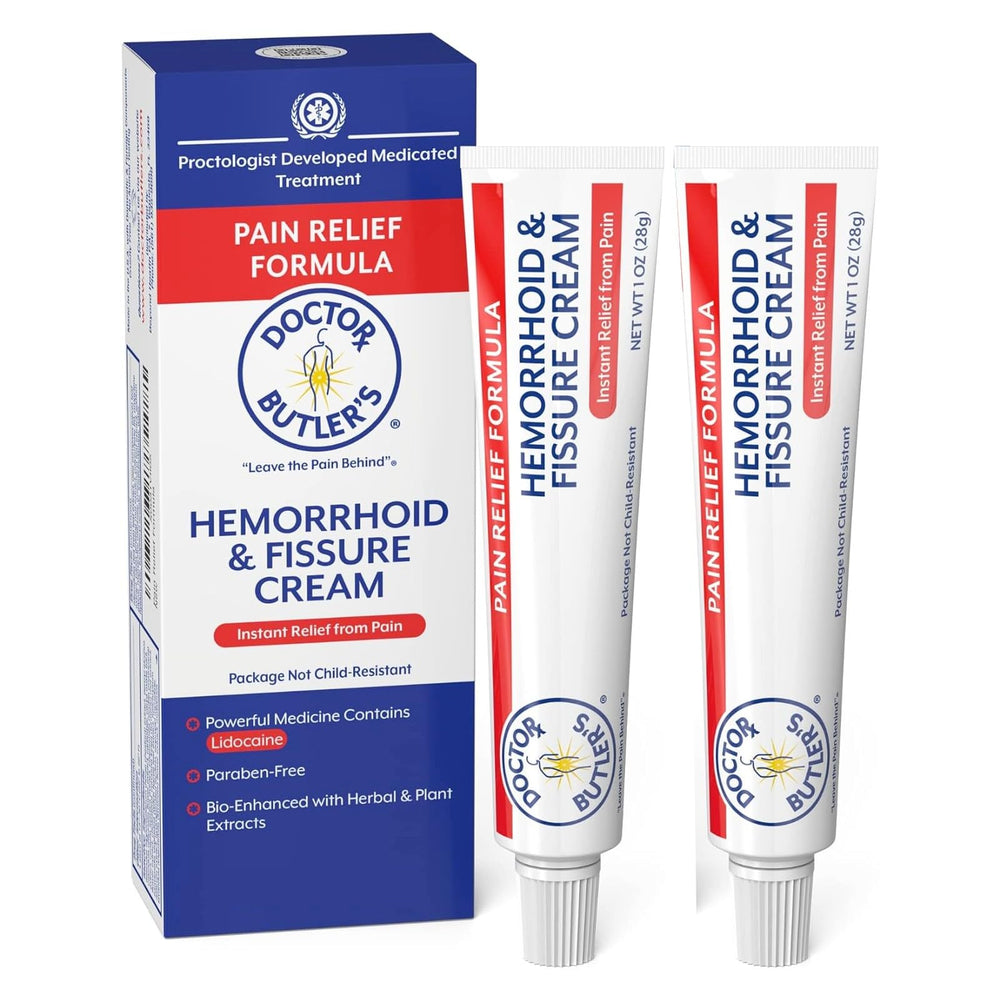 Doctor Butler's hemorrhoid cream tube closeup showing compact on-the-go relief.