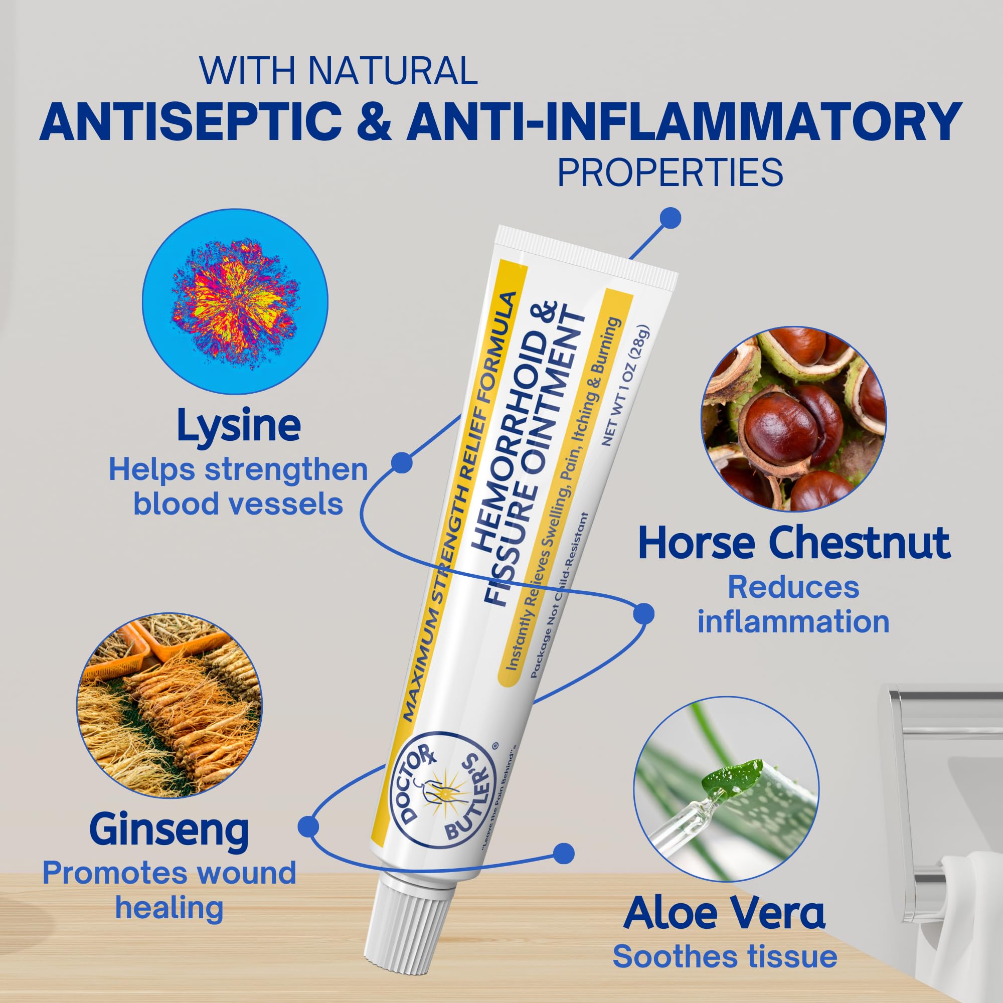 Aloe vera leaf beside Doctor Butler’s ointment signals soothing skin compatibility.
