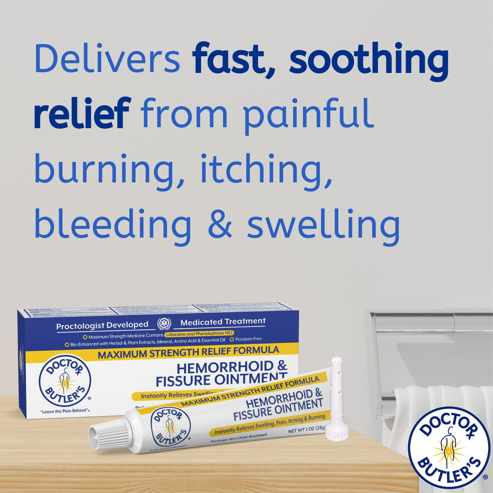 Doctor Butler’s hemorrhoid ointment applicator tip enables precise, mess-free application.