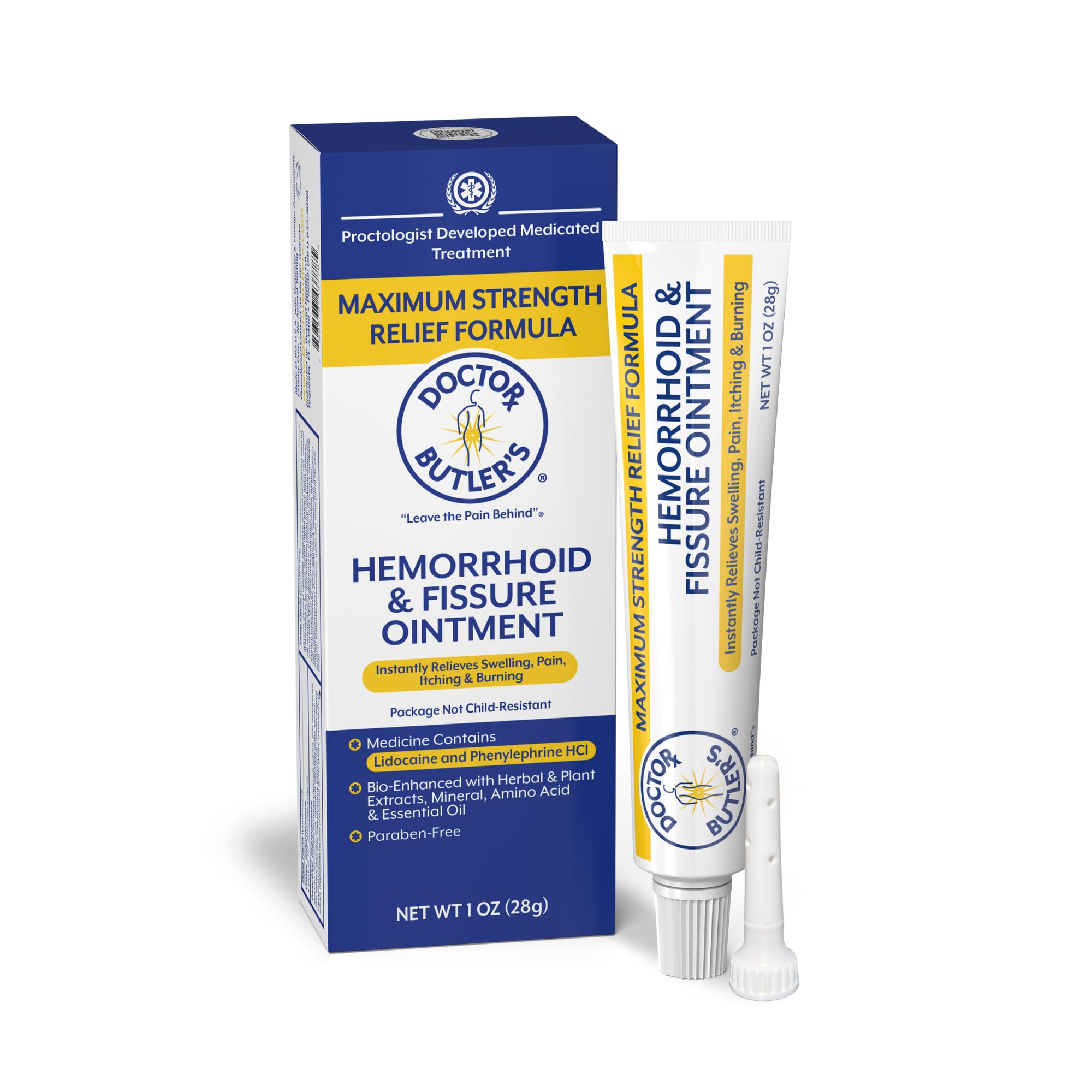 Doctor Butler’s hemorrhoid ointment bottle shown for portable, fast-acting topical relief.