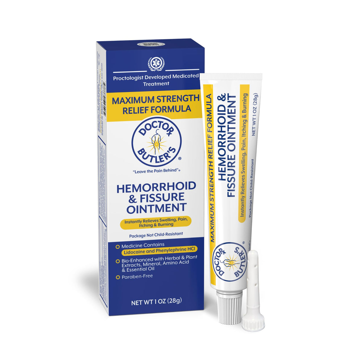 Doctor Butler’s hemorrhoid ointment bottle shown for portable, fast-acting topical relief.