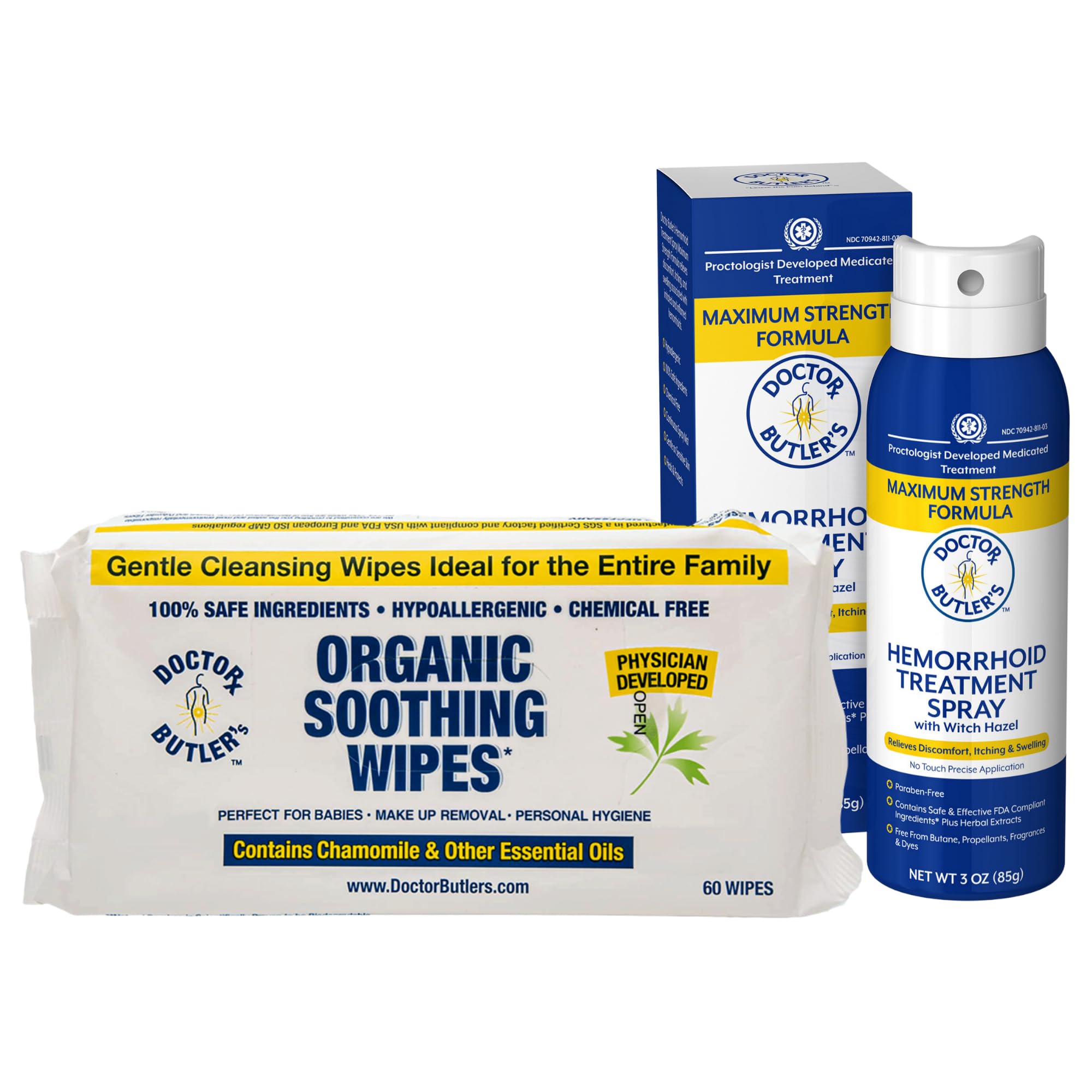Doctor Butler's hemorrhoid spray bottle for quick, no-touch application.