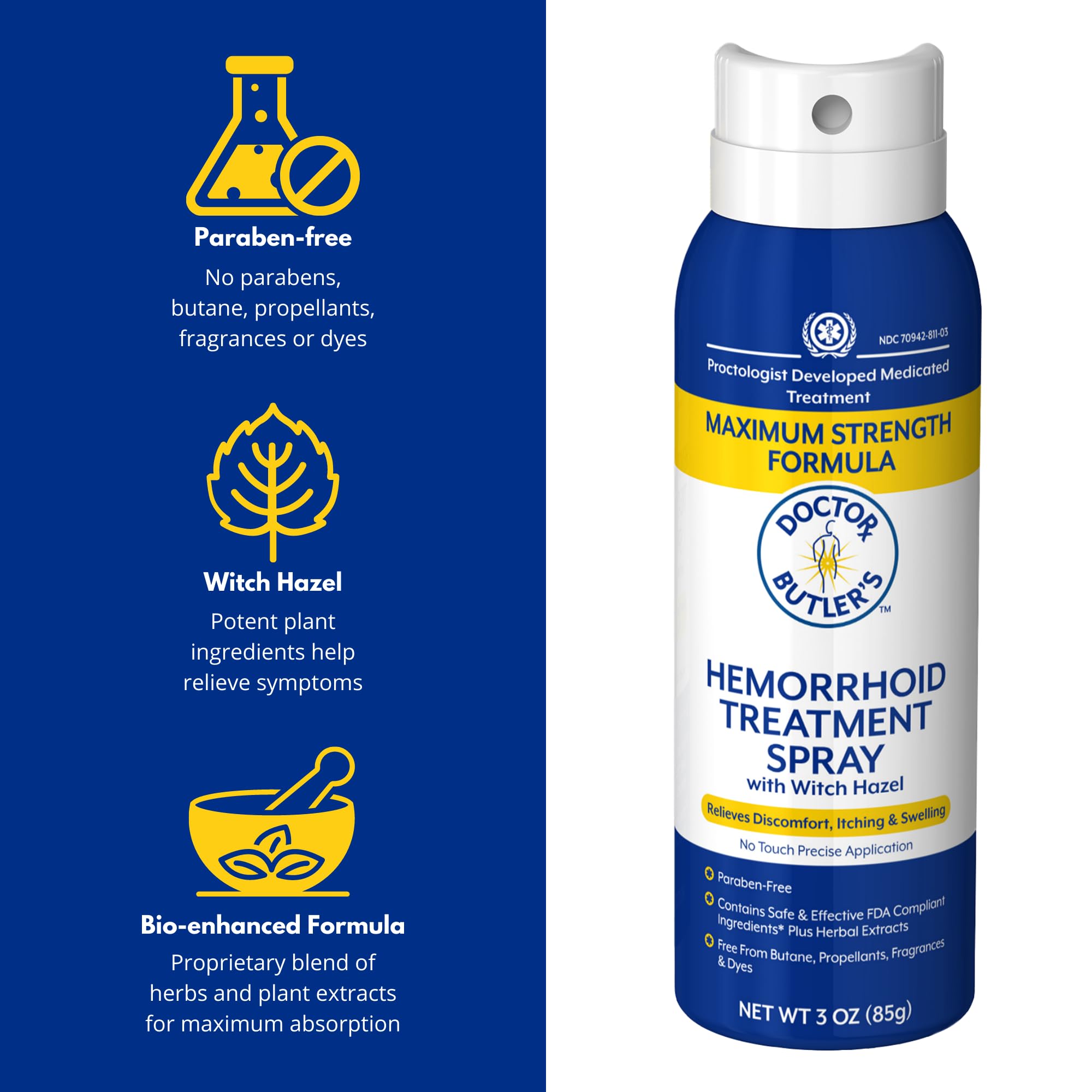 Doctor Butler's Hemorrhoid Spray nozzle application demonstrates precise, continuous spray for targeted care.