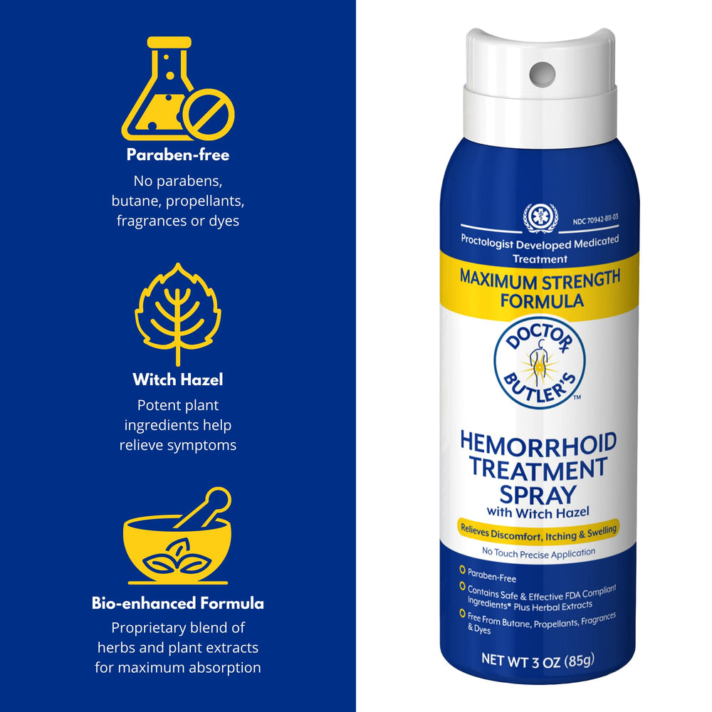 Doctor Butler's Hemorrhoid Spray nozzle application demonstrates precise, continuous spray for targeted care.