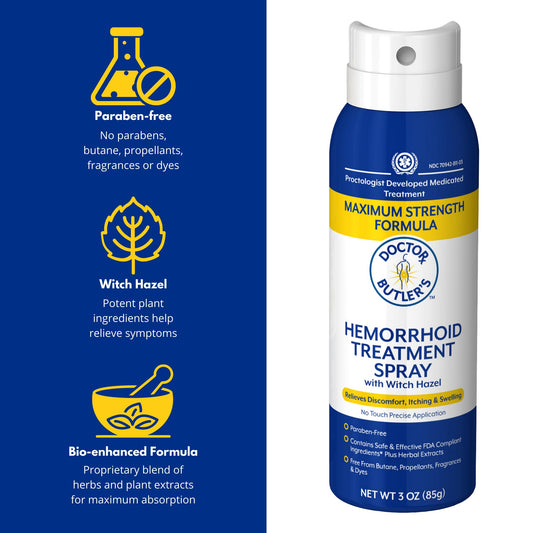 Doctor Butler's Hemorrhoid Spray nozzle application demonstrates precise, continuous spray for targeted care.