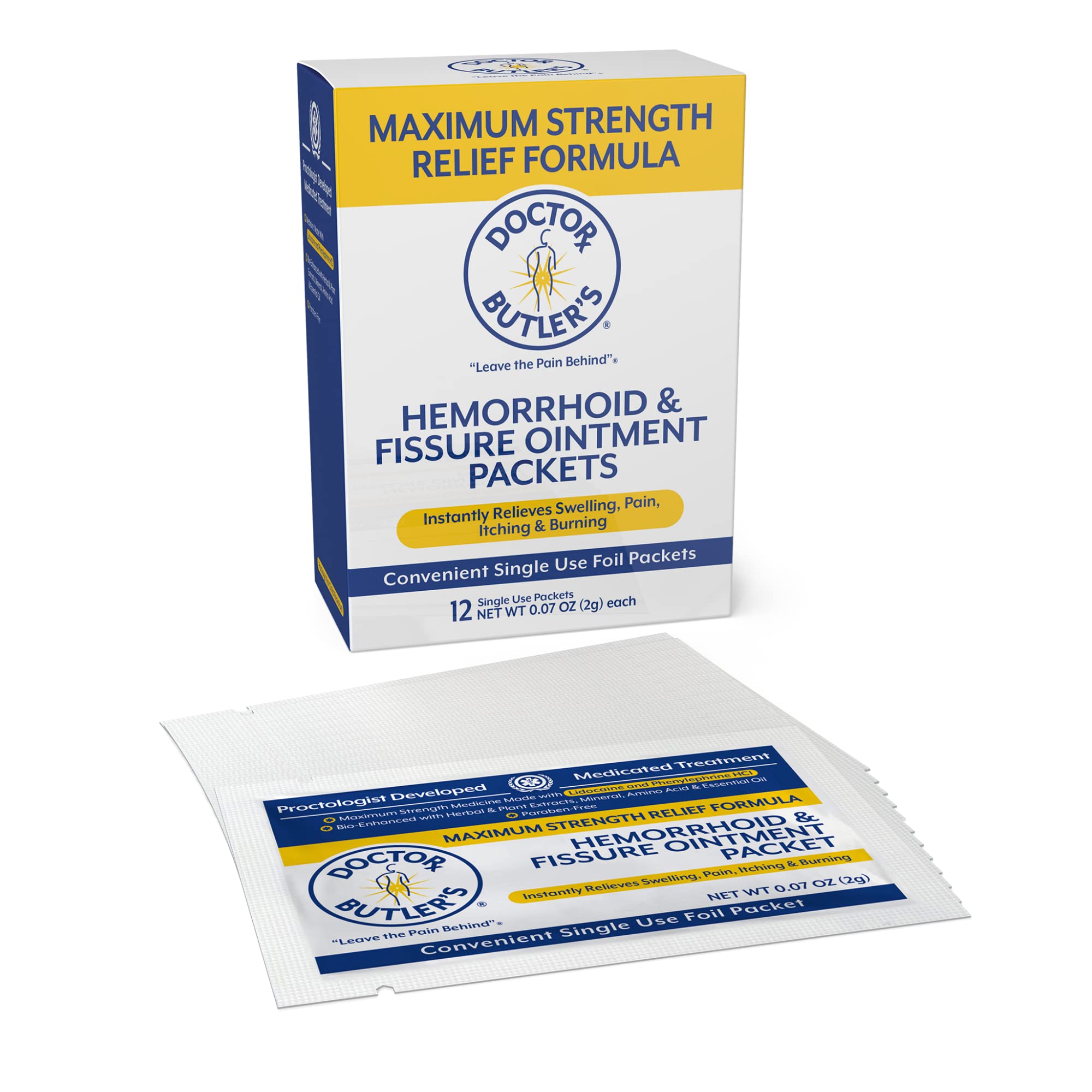 Doctor Butler's maximum-strength hemorrhoid ointment to-go packets for fast relief.