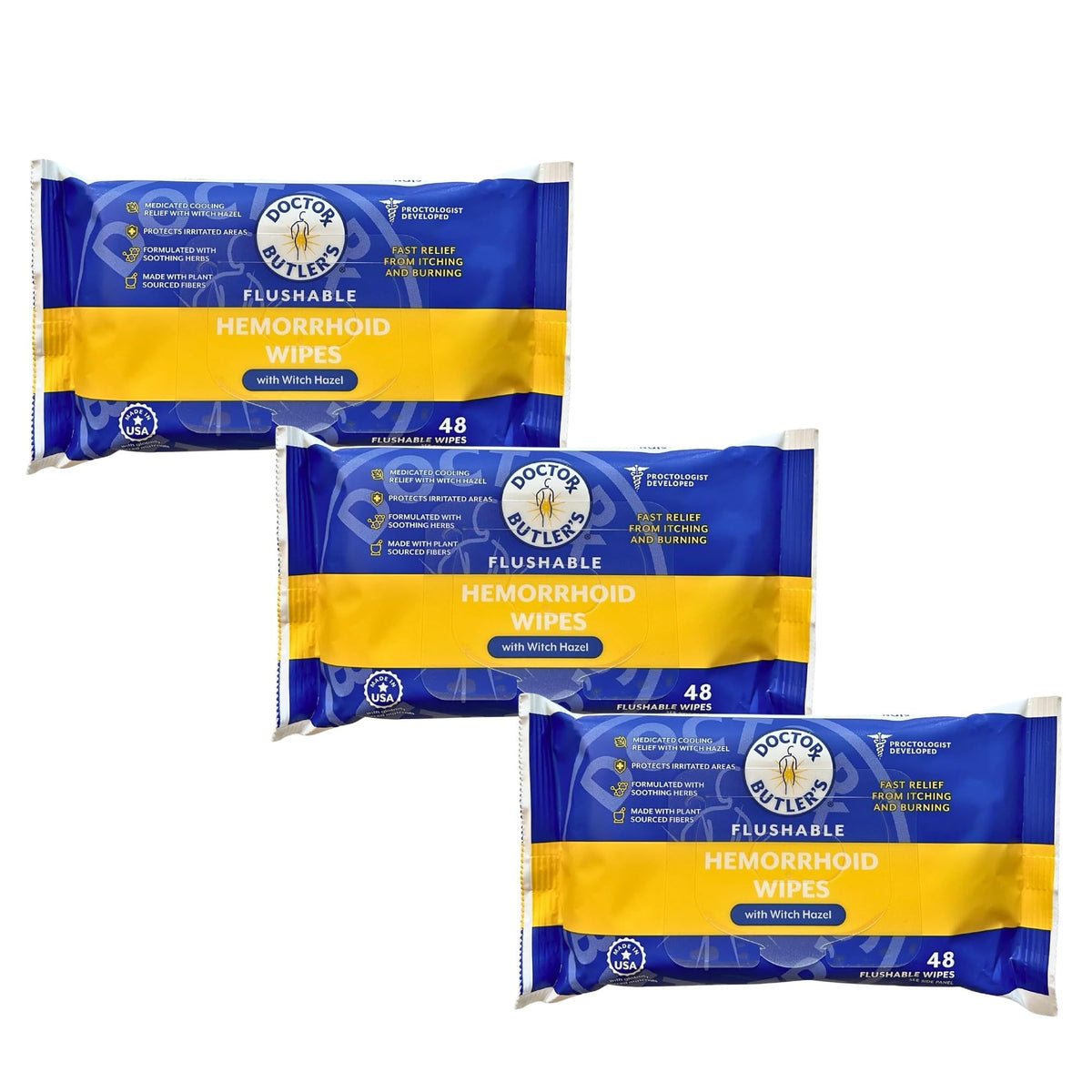 Doctor Butler's flushable hemorrhoid wipes packaging shows convenient on-the-go relief