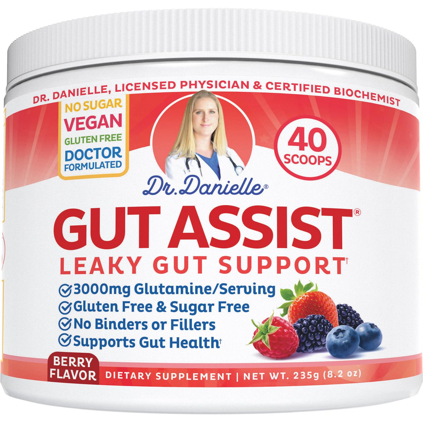 Doctor Danielle Leaky Gut Powder bottle front promotes daily gut support