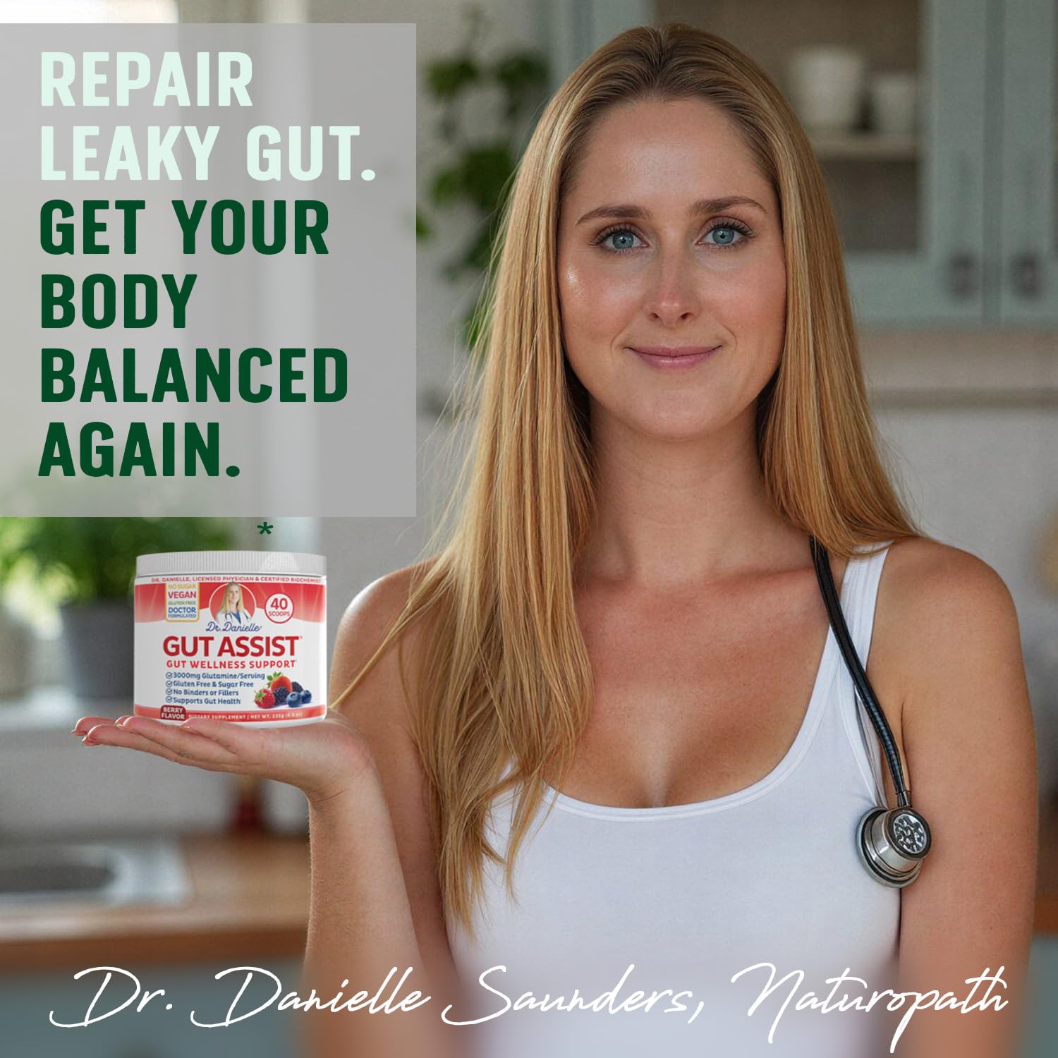 Doctor Danielle Leaky Gut Powder ingredients-closeup shows L-Glutamine and botanicals