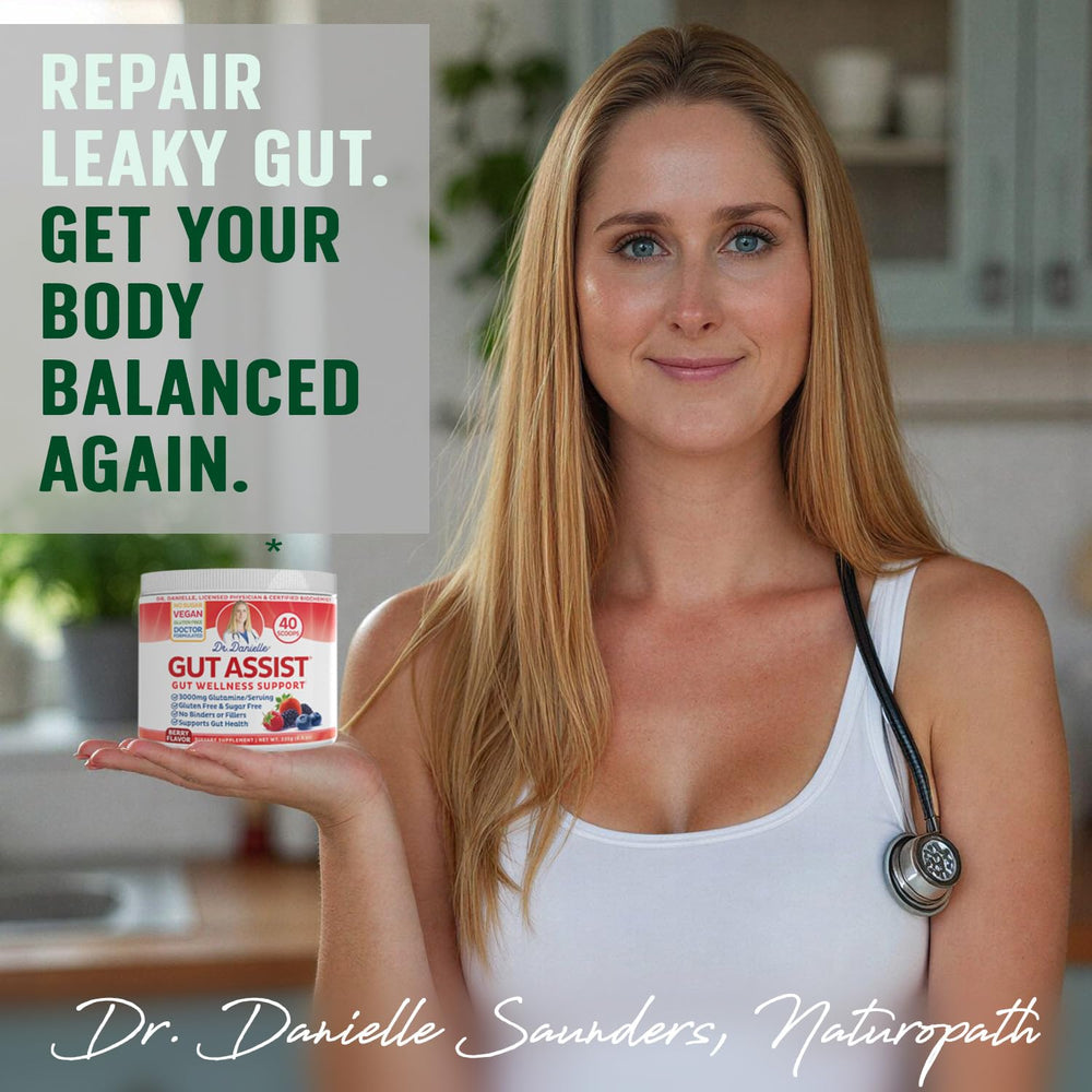 Doctor Danielle Leaky Gut Powder ingredients-closeup shows L-Glutamine and botanicals