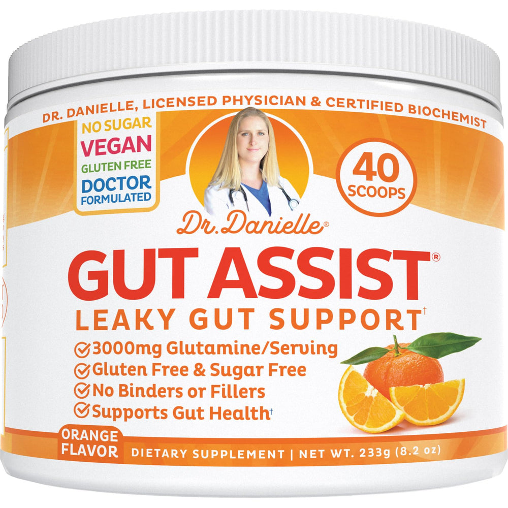 Doctor Danielle Gut Assist bottle highlights orange flavor and daily gut support.