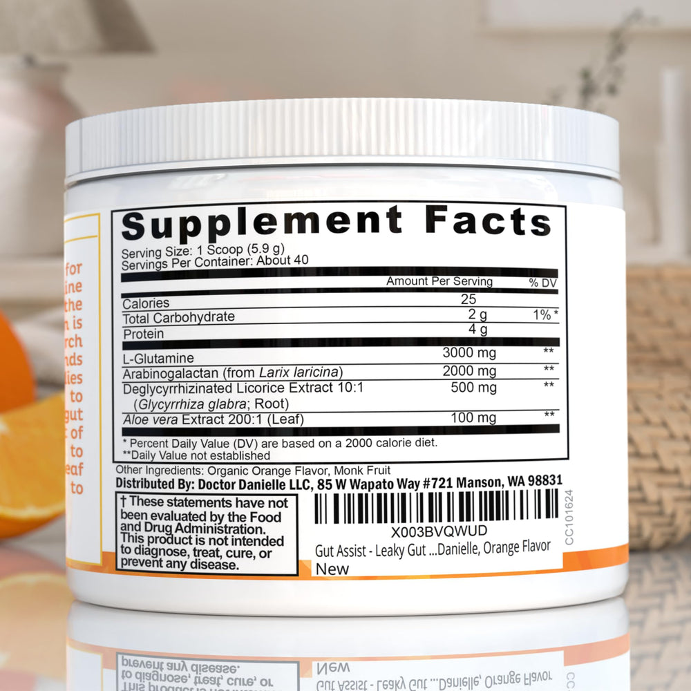 Doctor Danielle orange-flavored Gut Assist powder offers flavorful daily support.