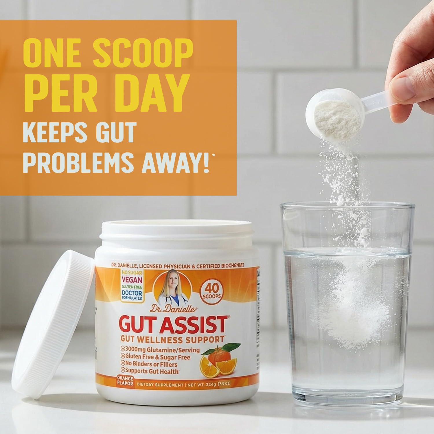 Doctor Danielle Gut Assist powder serving scoop enables easy daily dosing for digestion.