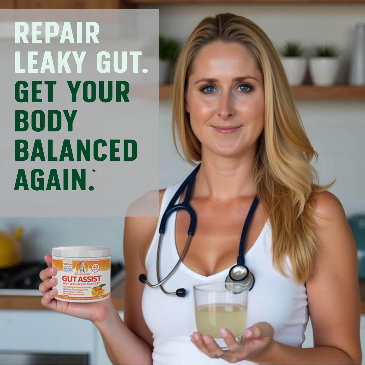 Doctor Danielle Leaky Gut Support powder tub label emphasizes multi-ingredient formula.