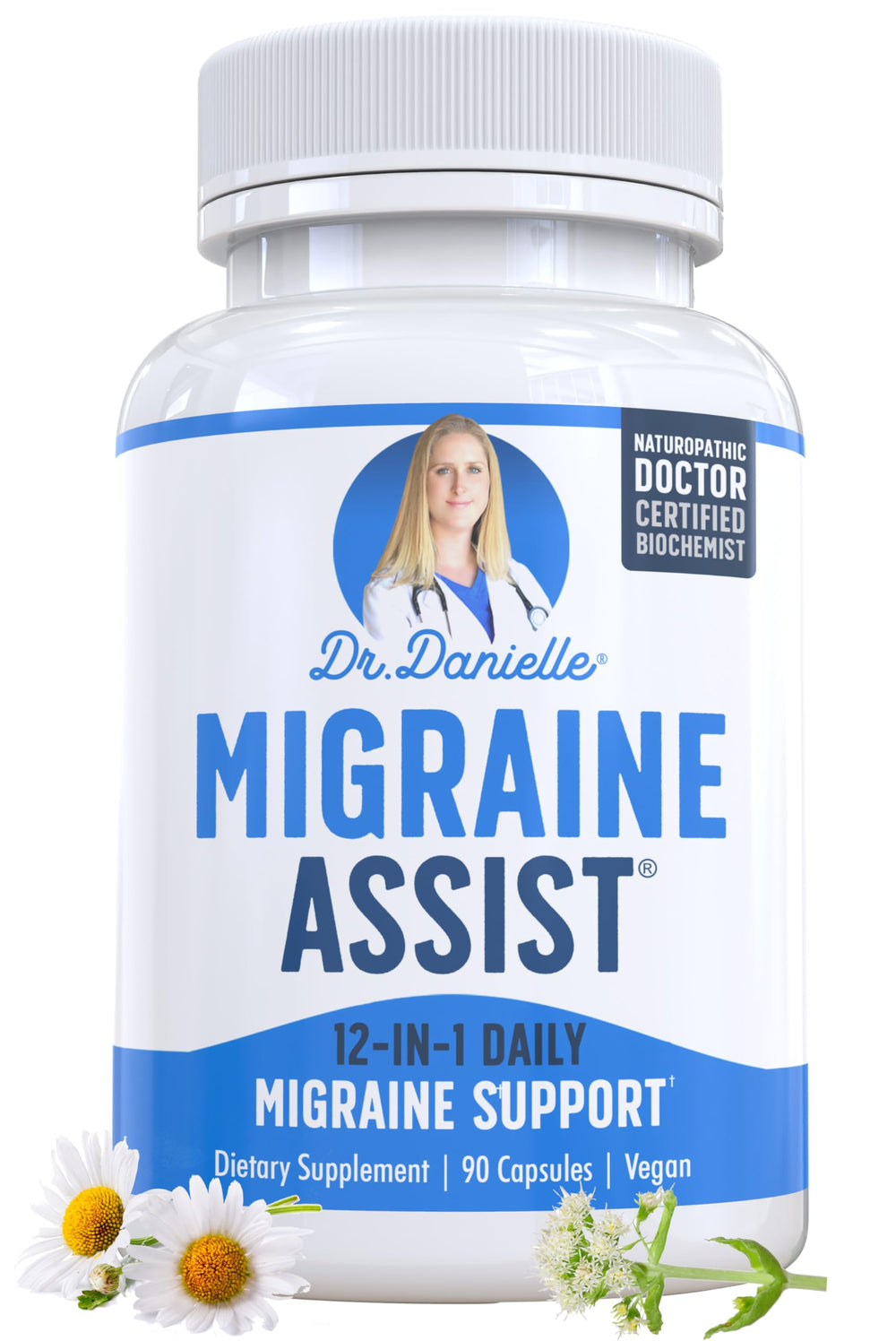 Doctor Danielle Migraine Assist bottle front showing sleek packaging for easy daily support.